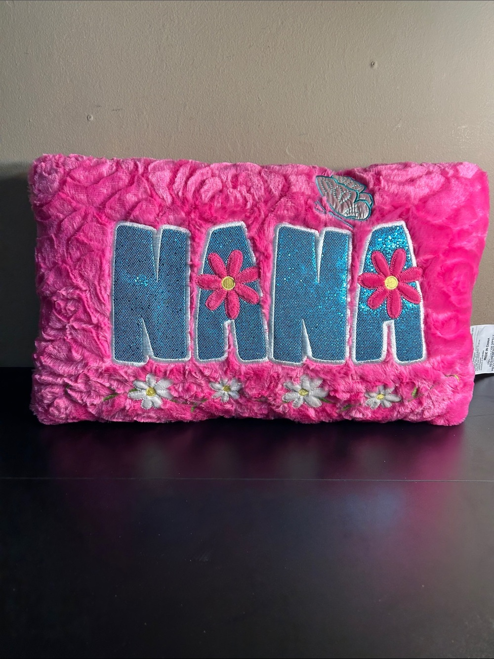 Pink Plush 'NANA' Pillow with Blue Glitter Letters